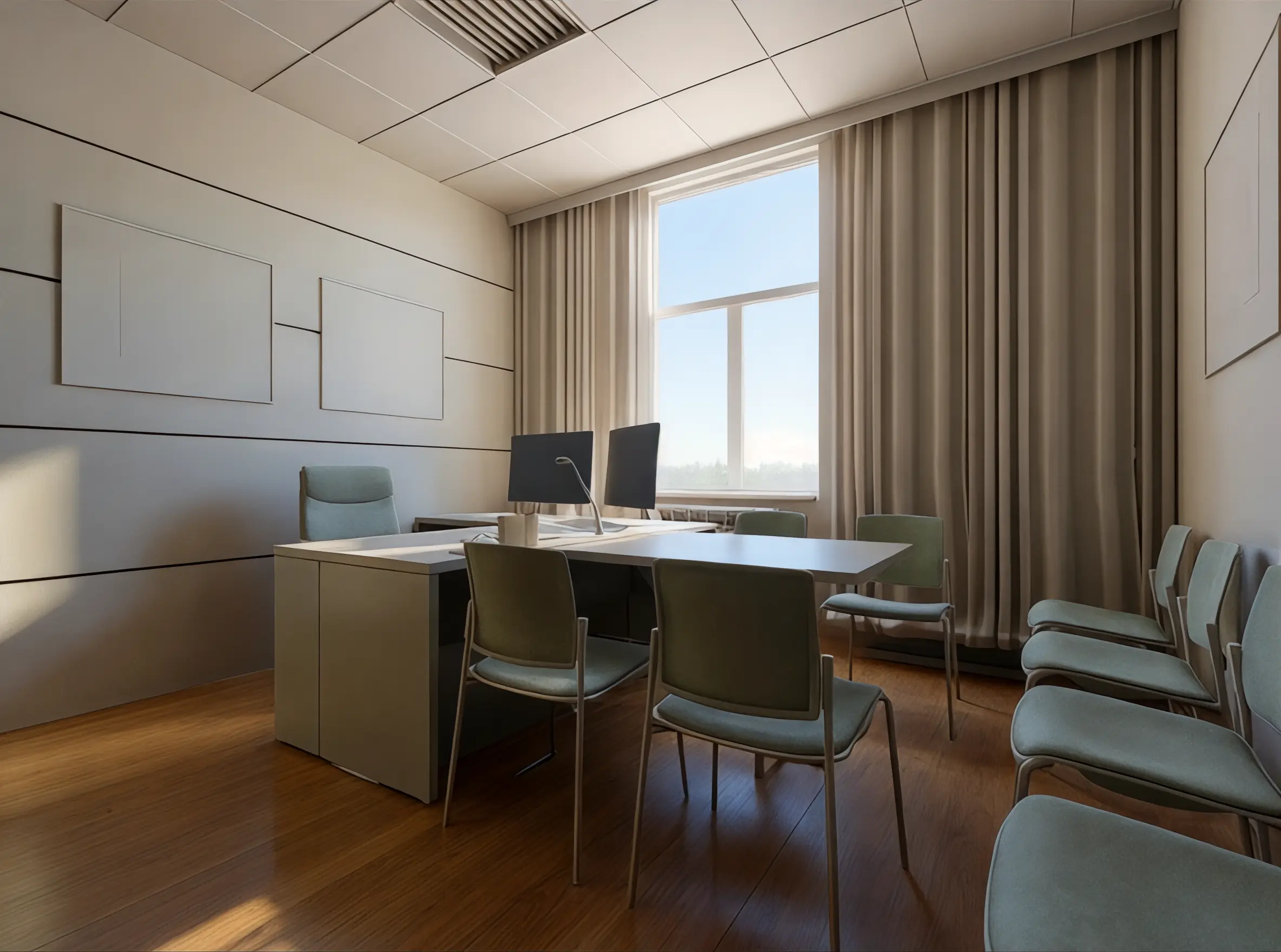 A basic 3D render of a bedroom with simple lighting and textures.